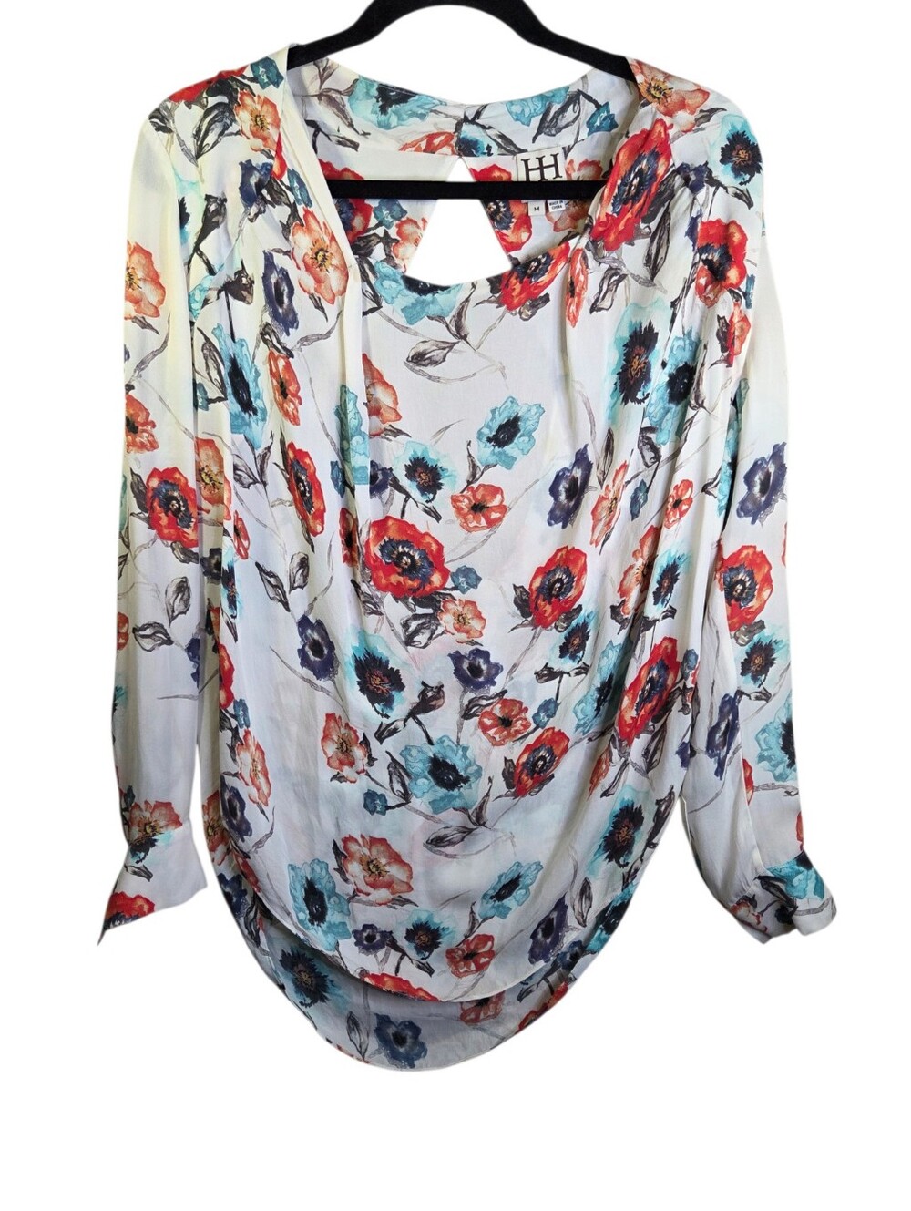 Haute Hippie 100% Silk White Floral Long Sleeve Back Cutout Drape Neck Shirt Med